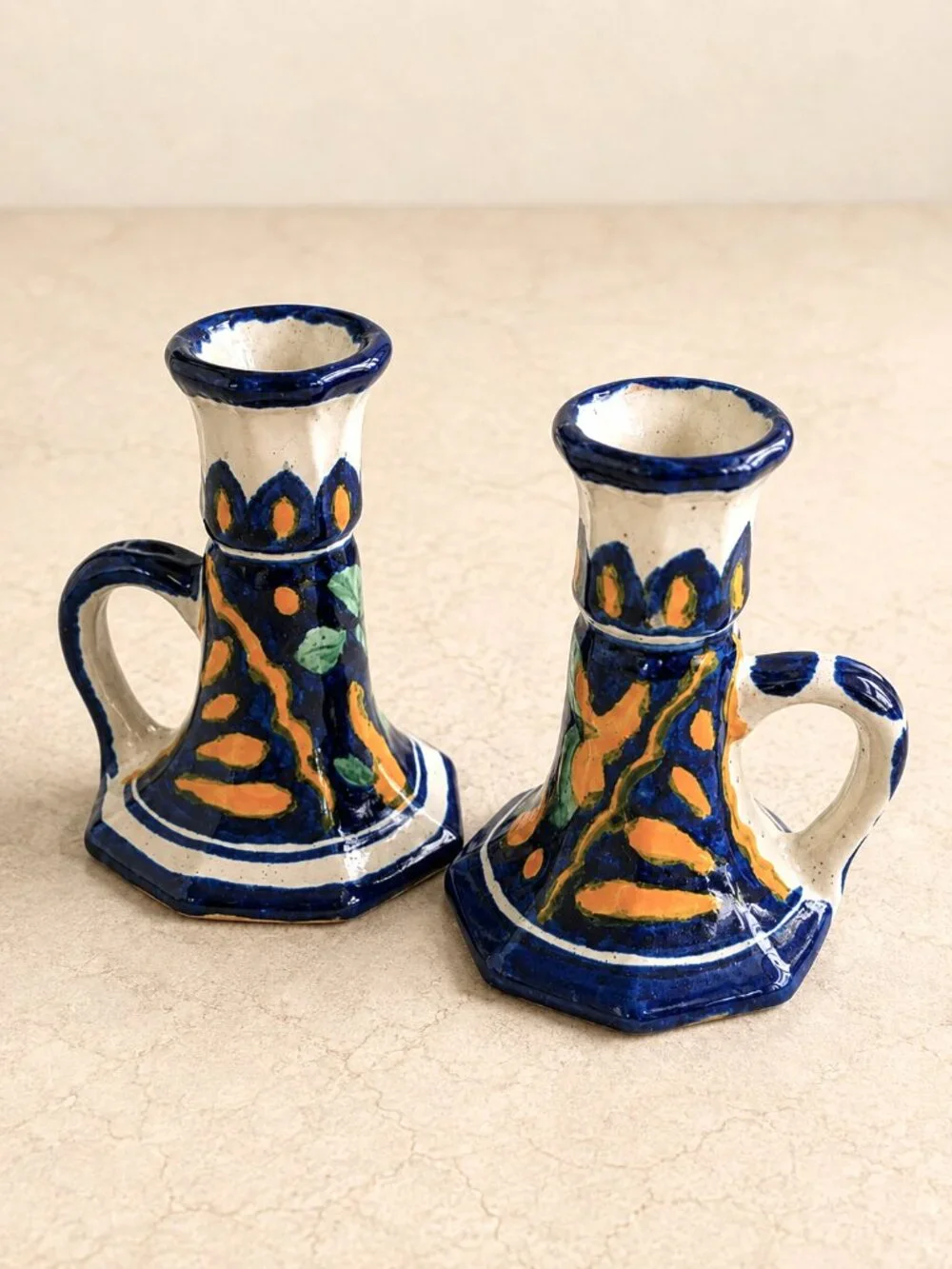 VTG Mexican Talavera Pottery Candlestick Holders Pair Handmade Blue Yellow